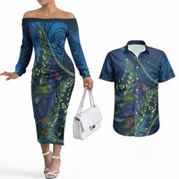 New Zealand Takahe Personalised Couples Matching Off The Shoulder Long Sleeve Dress and Hawaiian Shirt Silver Fern Galaxy Polynesian Pattern LT22 Blue - Polynesian Pride