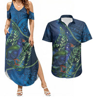 New Zealand Takahe Personalised Couples Matching Summer Maxi Dress and Hawaiian Shirt Silver Fern Galaxy Polynesian Pattern LT22 Blue - Polynesian Pride