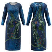 New Zealand Takahe Personalised Family Matching Long Sleeve Bodycon Dress and Hawaiian Shirt Silver Fern Galaxy Polynesian Pattern LT22 Mom's Dress Blue - Polynesian Pride