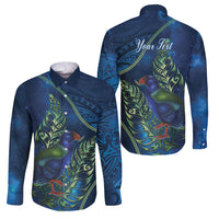 New Zealand Takahe Personalised Family Matching Off The Shoulder Long Sleeve Dress and Hawaiian Shirt Silver Fern Galaxy Polynesian Pattern LT22 Dad's Shirt - Long Sleeve Blue - Polynesian Pride