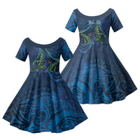 New Zealand Takahe Personalised Family Matching Off Shoulder Short Dress and Hawaiian Shirt Silver Fern Galaxy Polynesian Pattern LT22 Daughter's Dress Blue - Polynesian Pride