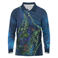 New Zealand Takahe Personalised Long Sleeve Polo Shirt Silver Fern Galaxy Polynesian Pattern LT22 Blue - Polynesian Pride
