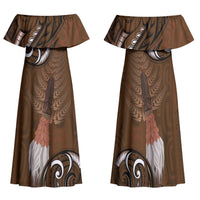 New Zealand Taiaha Family Matching Off Shoulder Maxi Dress and Hawaiian Shirt Maori Weapon Silver Fern Maori Pattern LT22 Mom's Dress Brown - Polynesian Pride