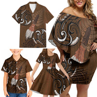 New Zealand Taiaha Family Matching Off Shoulder Short Dress and Hawaiian Shirt Maori Weapon Silver Fern Maori Pattern