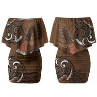 New Zealand Taiaha Family Matching Off Shoulder Short Dress and Hawaiian Shirt Maori Weapon Silver Fern Maori Pattern LT22 Mom's Dress Brown - Polynesian Pride