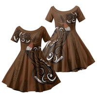 New Zealand Taiaha Family Matching Off Shoulder Short Dress and Hawaiian Shirt Maori Weapon Silver Fern Maori Pattern LT22 Daughter's Dress Brown - Polynesian Pride