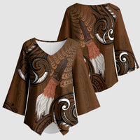 New Zealand Taiaha Kimono Sleeve Blouse Maori Weapon Silver Fern Maori Pattern