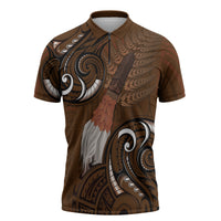 New Zealand Taiaha Zipper Polo Shirt Maori Weapon Silver Fern Maori Pattern LT22 Brown - Polynesian Pride