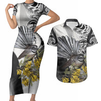 New Zealand Fantail Bird Couples Matching Short Sleeve Bodycon Dress and Hawaiian Shirt Maori Piwakawaka Kowhai Maori Pattern LT22 Grey - Polynesian Pride