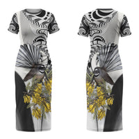 New Zealand Fantail Bird Couples Matching Short Sleeve Bodycon Dress and Hawaiian Shirt Maori Piwakawaka Kowhai Maori Pattern LT22 - Polynesian Pride