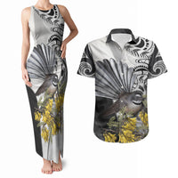 New Zealand Fantail Bird Couples Matching Tank Maxi Dress and Hawaiian Shirt Maori Piwakawaka Kowhai Maori Pattern