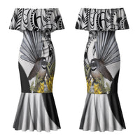 New Zealand Fantail Bird Family Matching Mermaid Dress and Hawaiian Shirt Maori Piwakawaka Kowhai Maori Pattern