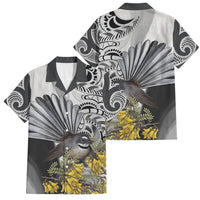 New Zealand Fantail Bird Family Matching Off Shoulder Maxi Dress and Hawaiian Shirt Maori Piwakawaka Kowhai Maori Pattern LT22 Dad's Shirt - Short Sleeve Grey - Polynesian Pride