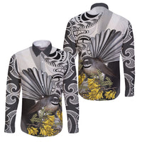 New Zealand Fantail Bird Family Matching Off Shoulder Short Dress and Hawaiian Shirt Maori Piwakawaka Kowhai Maori Pattern LT22 Dad's Shirt - Long Sleeve Grey - Polynesian Pride