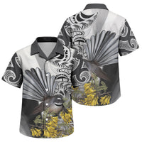 New Zealand Fantail Bird Family Matching Off Shoulder Short Dress and Hawaiian Shirt Maori Piwakawaka Kowhai Maori Pattern LT22 Son's Shirt Grey - Polynesian Pride