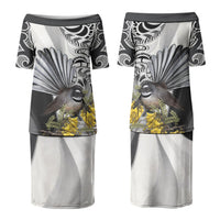New Zealand Fantail Bird Family Matching Puletasi and Hawaiian Shirt Maori Piwakawaka Kowhai Maori Pattern LT22 Mom's Dress Grey - Polynesian Pride