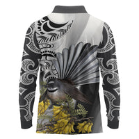 New Zealand Fantail Bird Long Sleeve Polo Shirt Maori Piwakawaka Kowhai Maori Pattern