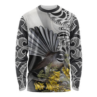New Zealand Fantail Bird Long Sleeve Shirt Maori Piwakawaka Kowhai Maori Pattern