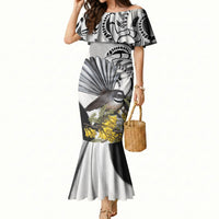 New Zealand Fantail Bird Mermaid Dress Maori Piwakawaka Kowhai Maori Pattern LT22 Women Grey - Polynesian Pride