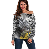 New Zealand Fantail Bird Off Shoulder Sweater Maori Piwakawaka Kowhai Maori Pattern