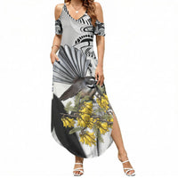 New Zealand Fantail Bird Summer Maxi Dress Maori Piwakawaka Kowhai Maori Pattern