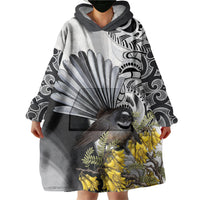 New Zealand Fantail Bird Wearable Blanket Hoodie Maori Piwakawaka Kowhai Maori Pattern