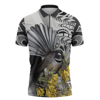 New Zealand Fantail Bird Zipper Polo Shirt Maori Piwakawaka Kowhai Maori Pattern