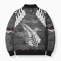 New Zealand Weka Personalised Bomber Puffer Jacket Aotearoa Hen Silver Fern Maori Pattern