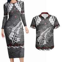 New Zealand Weka Personalised Couples Matching Long Sleeve Bodycon Dress and Hawaiian Shirt Aotearoa Hen Silver Fern Maori Pattern LT22 Black - Polynesian Pride