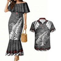 New Zealand Weka Personalised Couples Matching Mermaid Dress and Hawaiian Shirt Aotearoa Hen Silver Fern Maori Pattern LT22 Black - Polynesian Pride