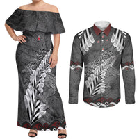 New Zealand Weka Personalised Couples Matching Off Shoulder Maxi Dress and Long Sleeve Button Shirt Aotearoa Hen Silver Fern Maori Pattern LT22 Black - Polynesian Pride