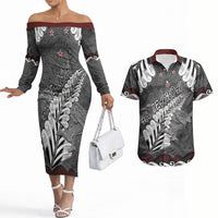 New Zealand Weka Personalised Couples Matching Off The Shoulder Long Sleeve Dress and Hawaiian Shirt Aotearoa Hen Silver Fern Maori Pattern LT22 Black - Polynesian Pride