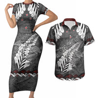 New Zealand Weka Personalised Couples Matching Short Sleeve Bodycon Dress and Hawaiian Shirt Aotearoa Hen Silver Fern Maori Pattern LT22 Black - Polynesian Pride