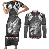 New Zealand Weka Personalised Couples Matching Short Sleeve Bodycon Dress and Long Sleeve Button Shirt Aotearoa Hen Silver Fern Maori Pattern LT22 Black - Polynesian Pride