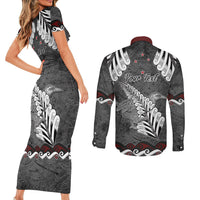 New Zealand Weka Personalised Couples Matching Short Sleeve Bodycon Dress and Long Sleeve Button Shirt Aotearoa Hen Silver Fern Maori Pattern LT22 - Polynesian Pride