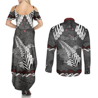 New Zealand Weka Personalised Couples Matching Summer Maxi Dress and Long Sleeve Button Shirt Aotearoa Hen Silver Fern Maori Pattern