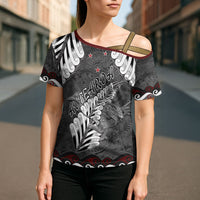 New Zealand Weka Personalised Cross Shoulder Shirt Aotearoa Hen Silver Fern Maori Pattern