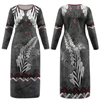New Zealand Weka Personalised Family Matching Long Sleeve Bodycon Dress and Hawaiian Shirt Aotearoa Hen Silver Fern Maori Pattern LT22 Mom's Dress Black - Polynesian Pride