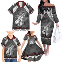 New Zealand Weka Personalised Family Matching Off The Shoulder Long Sleeve Dress and Hawaiian Shirt Aotearoa Hen Silver Fern Maori Pattern LT22 - Polynesian Pride