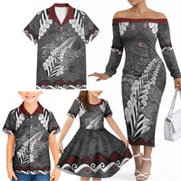 New Zealand Weka Personalised Family Matching Off The Shoulder Long Sleeve Dress and Hawaiian Shirt Aotearoa Hen Silver Fern Maori Pattern LT22 - Polynesian Pride
