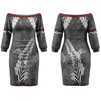 New Zealand Weka Personalised Family Matching Off The Shoulder Long Sleeve Dress and Hawaiian Shirt Aotearoa Hen Silver Fern Maori Pattern LT22 Mom's Dress Black - Polynesian Pride