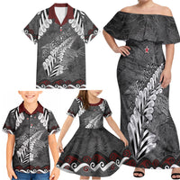 New Zealand Weka Personalised Family Matching Off Shoulder Maxi Dress and Hawaiian Shirt Aotearoa Hen Silver Fern Maori Pattern LT22 - Polynesian Pride