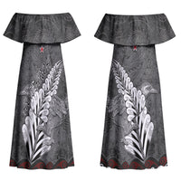 New Zealand Weka Personalised Family Matching Off Shoulder Maxi Dress and Hawaiian Shirt Aotearoa Hen Silver Fern Maori Pattern LT22 Mom's Dress Black - Polynesian Pride