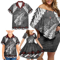 New Zealand Weka Personalised Family Matching Off Shoulder Short Dress and Hawaiian Shirt Aotearoa Hen Silver Fern Maori Pattern LT22 - Polynesian Pride