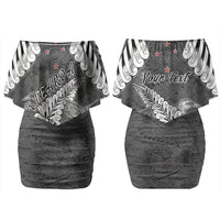 New Zealand Weka Personalised Family Matching Off Shoulder Short Dress and Hawaiian Shirt Aotearoa Hen Silver Fern Maori Pattern LT22 Mom's Dress Black - Polynesian Pride