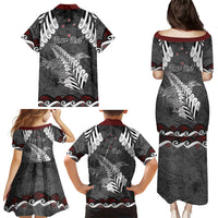 New Zealand Weka Personalised Family Matching Puletasi and Hawaiian Shirt Aotearoa Hen Silver Fern Maori Pattern LT22 Mom's Dress Black - Polynesian Pride