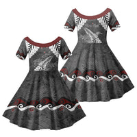 New Zealand Weka Personalised Family Matching Puletasi and Hawaiian Shirt Aotearoa Hen Silver Fern Maori Pattern LT22 Daughter's Dress Black - Polynesian Pride