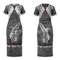 New Zealand Weka Personalised Family Matching Short Sleeve Bodycon Dress and Hawaiian Shirt Aotearoa Hen Silver Fern Maori Pattern LT22 Mom's Dress Black - Polynesian Pride
