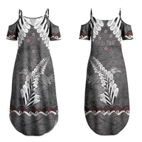 New Zealand Weka Personalised Family Matching Summer Maxi Dress and Hawaiian Shirt Aotearoa Hen Silver Fern Maori Pattern LT22 Mom's Dress Black - Polynesian Pride