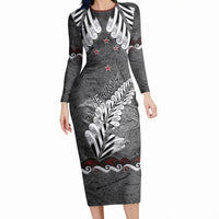 New Zealand Weka Personalised Long Sleeve Bodycon Dress Aotearoa Hen Silver Fern Maori Pattern LT22 Long Dress Black - Polynesian Pride